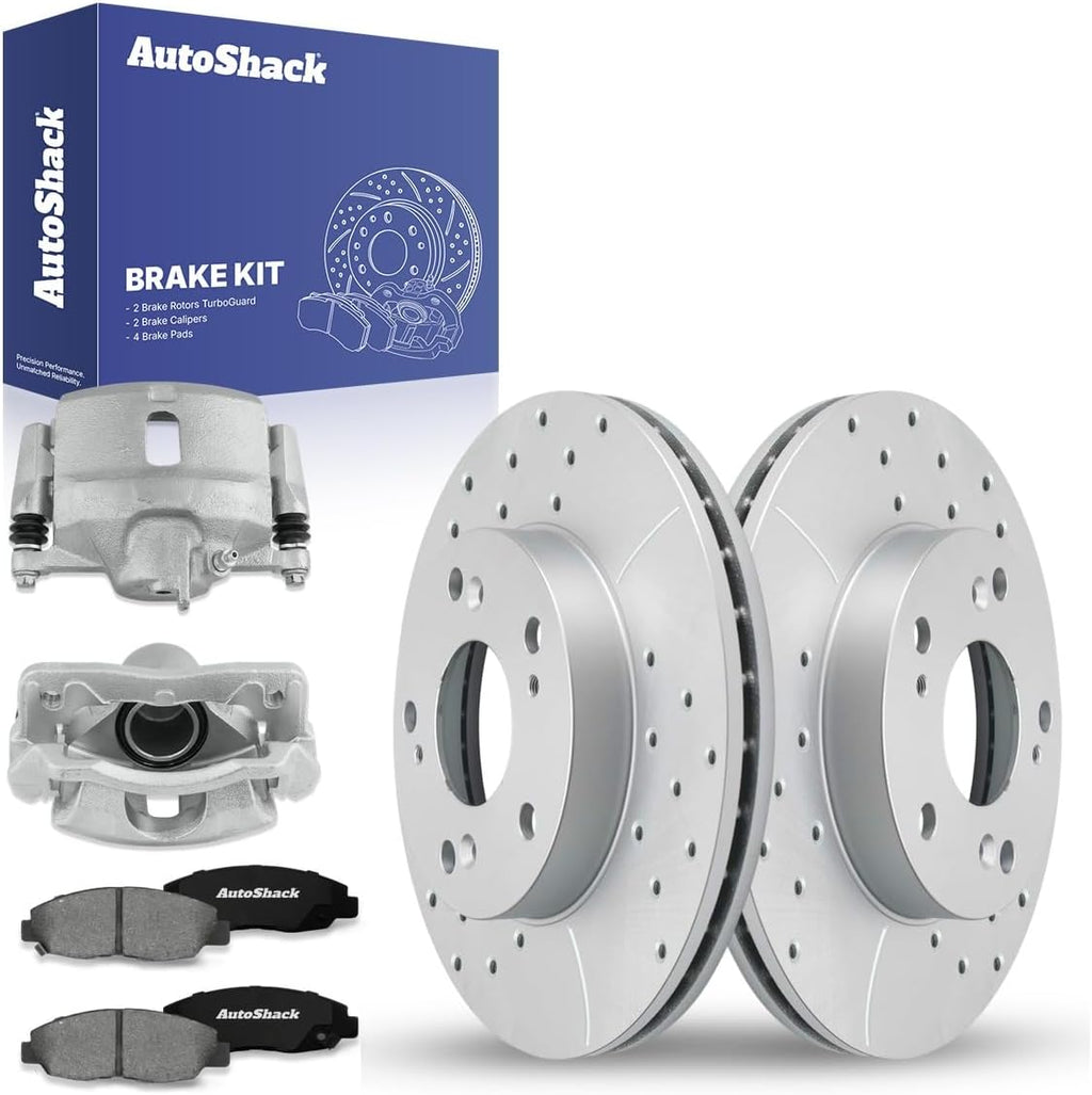 AutoShack Front Brake Rotors, Premium Pads & Calipers for Honda, Civic 2006-2011, FWD L4 1.8L - Coated Drilled & Slotted - Silver Matte Finish - TurboGuard - 10.31' (261.9 mm), 5-Lug