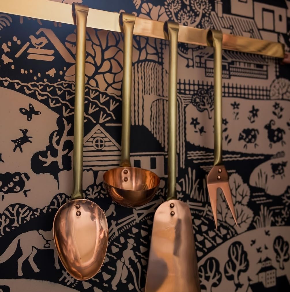 Copper Kitchen Utensils Set with Holder - Cooking Utensils Set Includes Spoon Ladle, Spatula, Fork and Small Ladle - Doubles as a Wall Decor - Perfect Wall Art Aesthetic for Cooking Enthusiasts