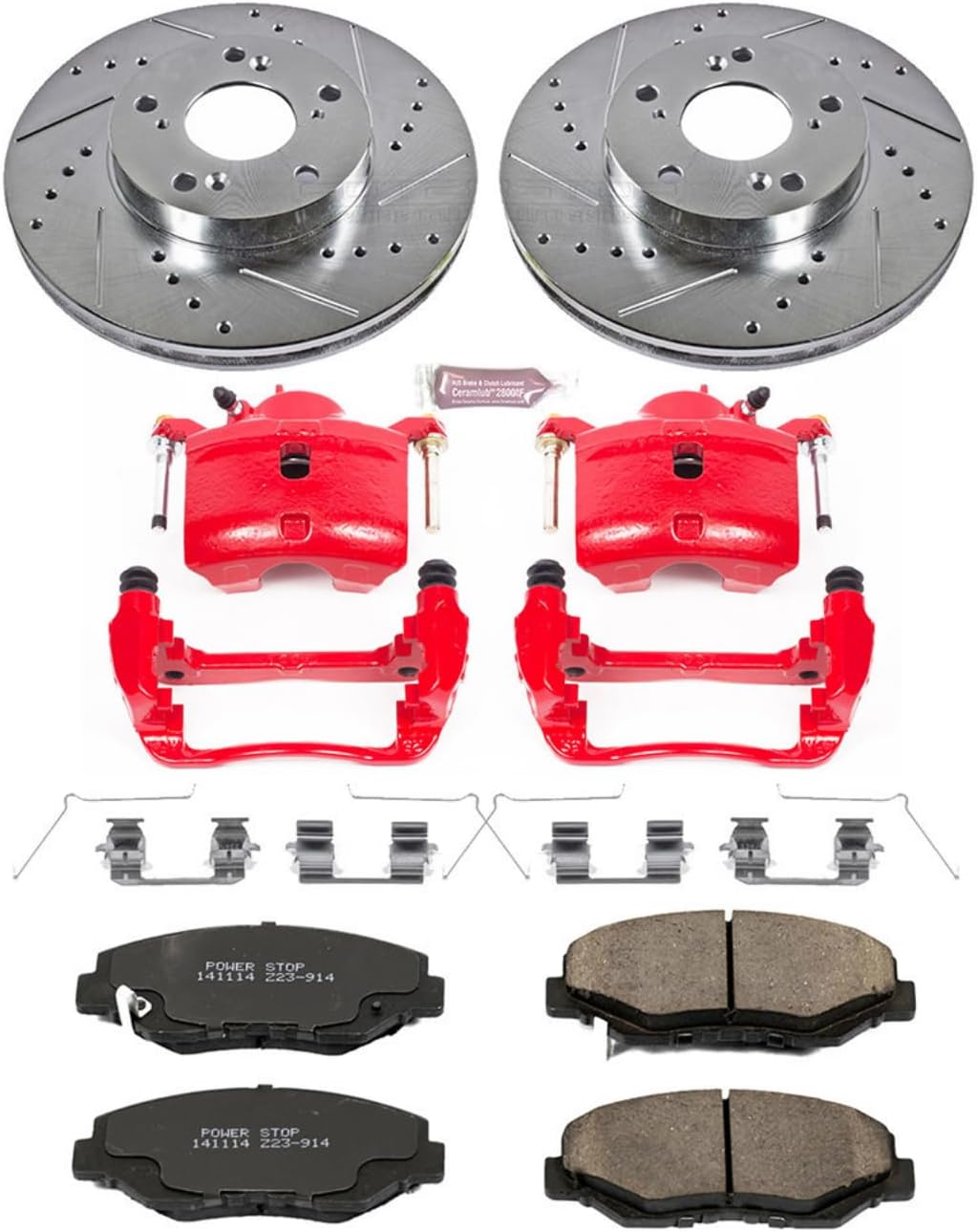 PowerStop Front Brake Kit for Acura ILX 2014-15 |Honda Accord 2003-12 |Civic 2013-21 |CR-Z 2016 - Carbon-Fiber Ceramic Brake Pads + Drilled & Slotted Rotors + Red Powder Coated Calipers, KC1043A