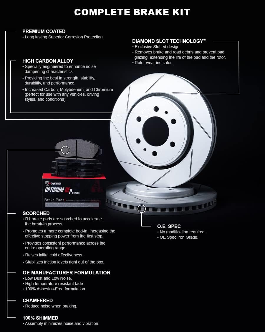 R1 Concepts Rear Brake Kit Fits 2006-2011 Acura CSX; 2013-2015 Acura ILX; 2006-2015 Honda Civic; 1997-2001 Honda Prelude| Optimum Oep Brake Pads and Slotted Brake Rotors| 10.2' Rear