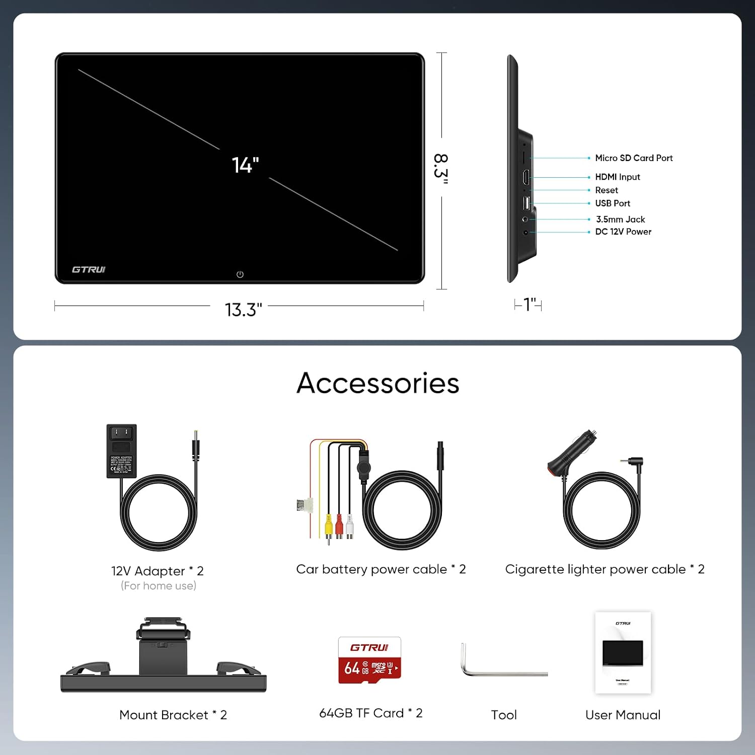 14 Inch 4K Video Android Portable Car TV Headrest Monitor Tablet for Back Seat with WiFi Bluetooth, Glass to Glass IPS Touch Screen Media Player, Support Phone Control & Mirror Link (2Pcs 4+64G)