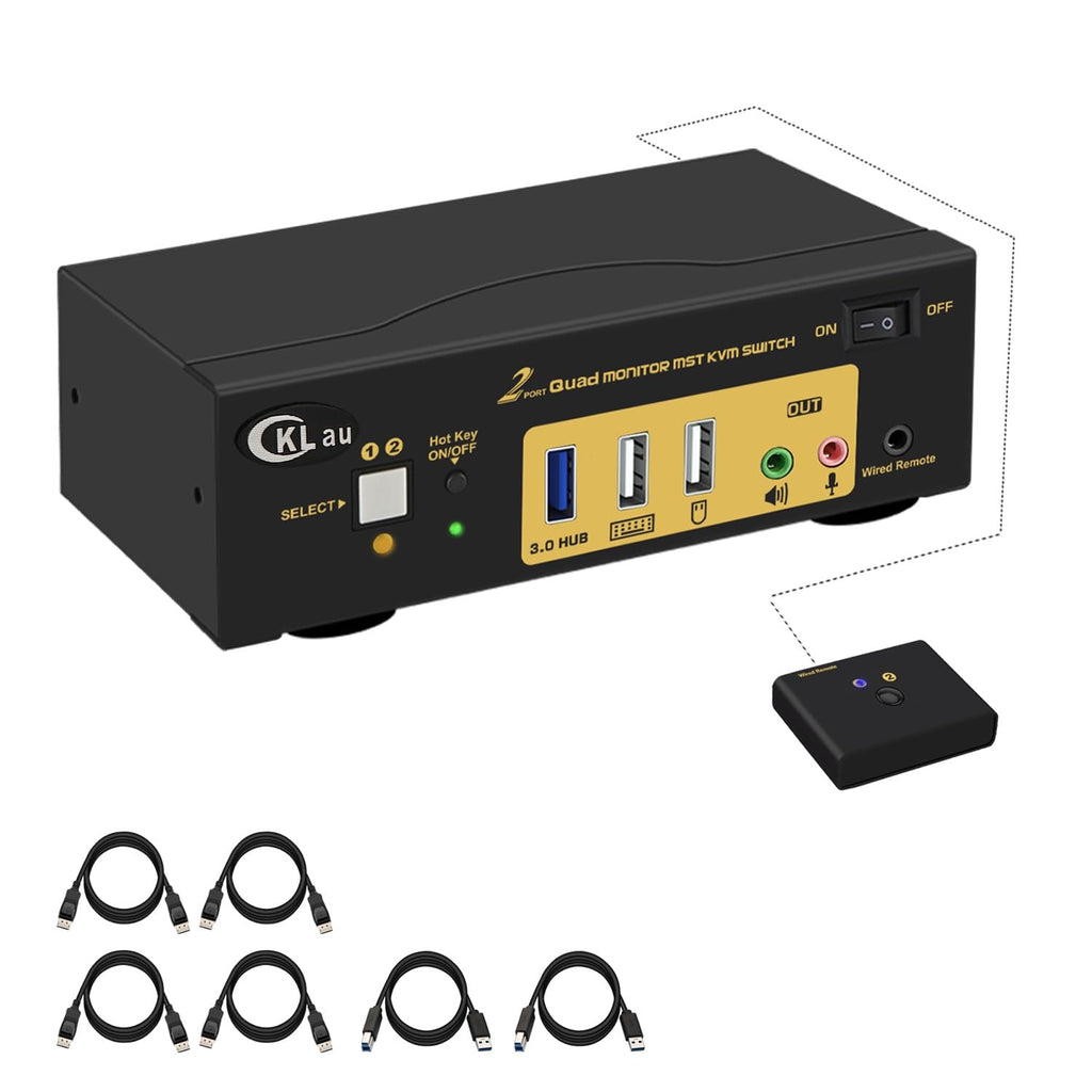 MST Displayport HDMI KVM Switch Quad Monitor, (2 DP In, 2 DP + 2 HDMI Out), 4K60Hz 2K144Hz 2 Computers 4 Monitors Switcher with Cables, Audio, Microphone and Hub Support Keyboard Mouse Switching