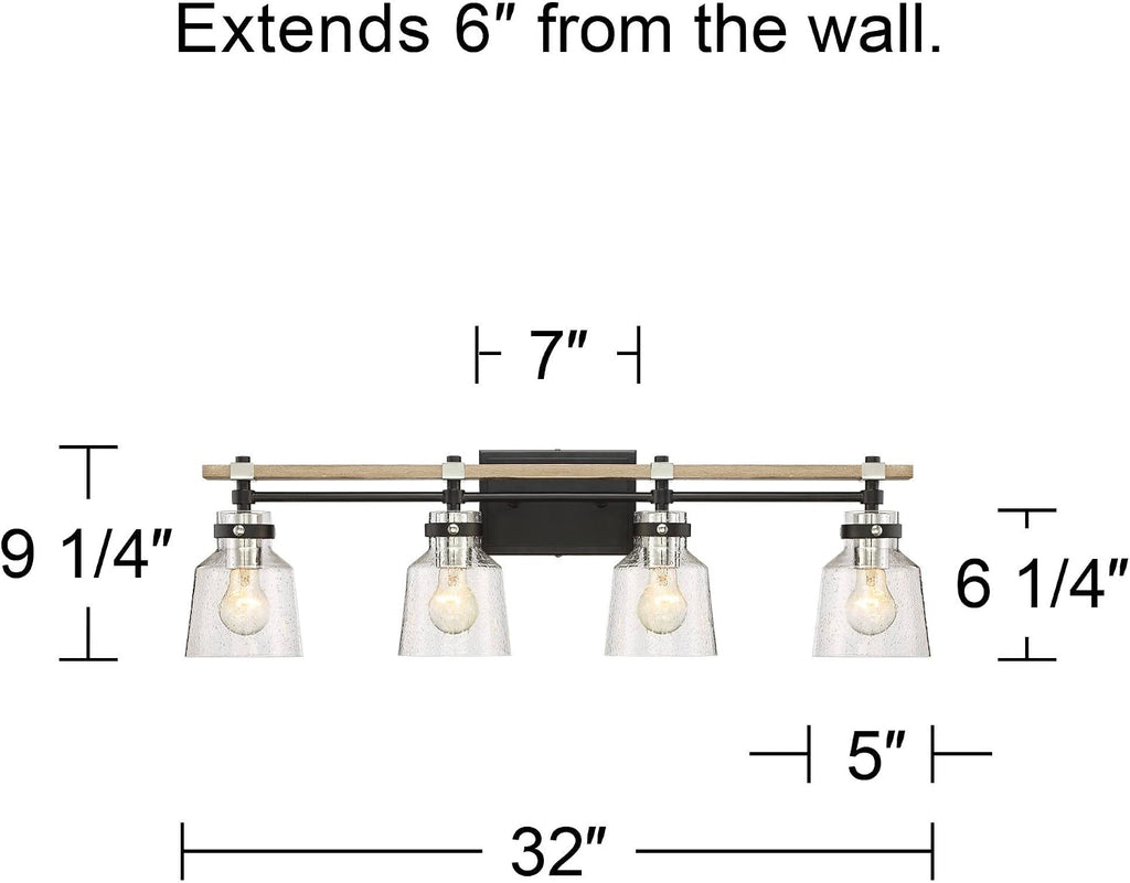Possini Euro Design Broadway Modern Industrial Wall Light Black Painted Faux Wood Hardwired 32' 4-Light Fixture Clear Seedy Glass Shade for Cottage Core Bedroom Bedside Bathroom Vanity Living Room