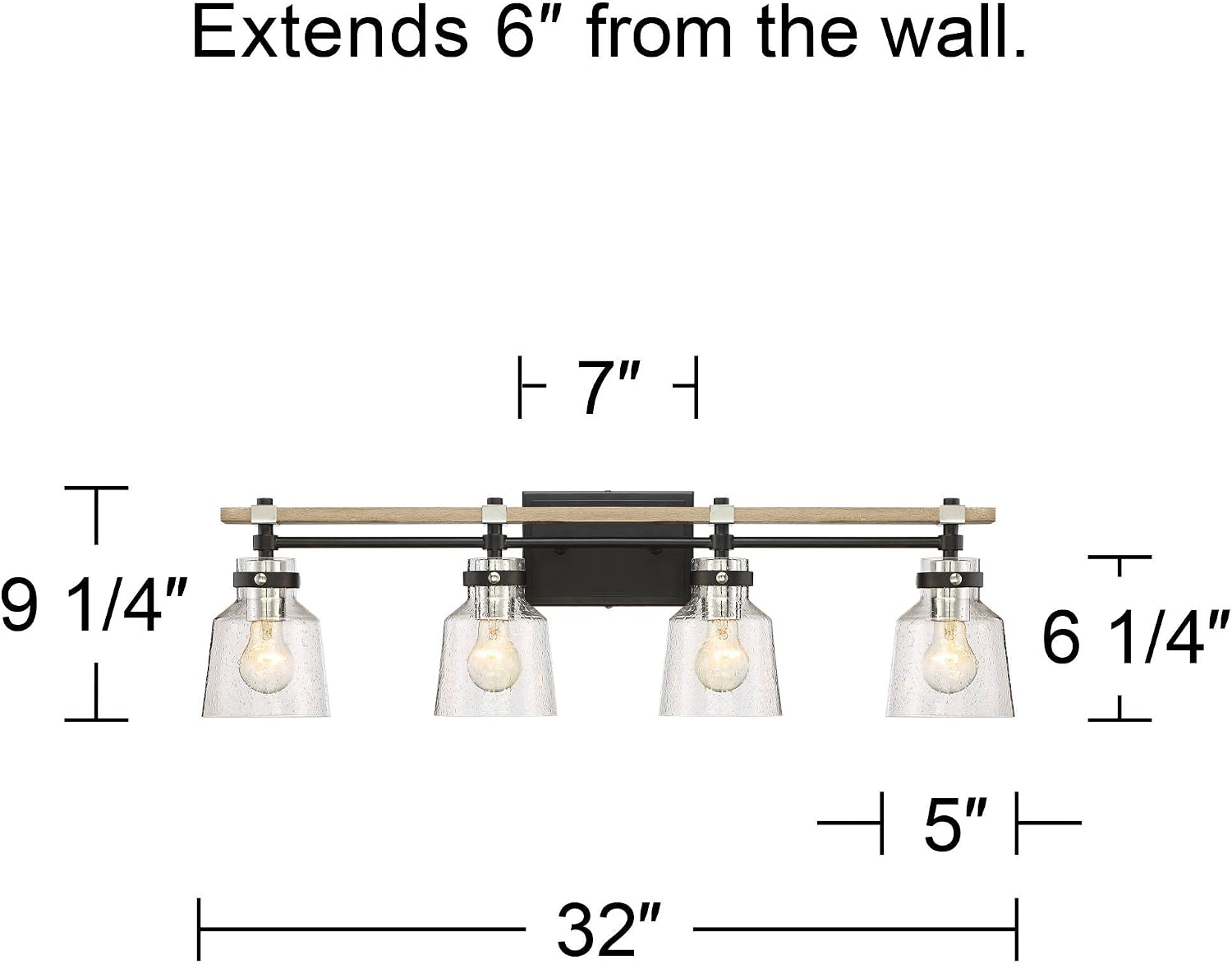 Possini Euro Design Broadway Modern Industrial Wall Light Black Painted Faux Wood Hardwired 32' 4-Light Fixture Clear Seedy Glass Shade for Cottage Core Bedroom Bedside Bathroom Vanity Living Room