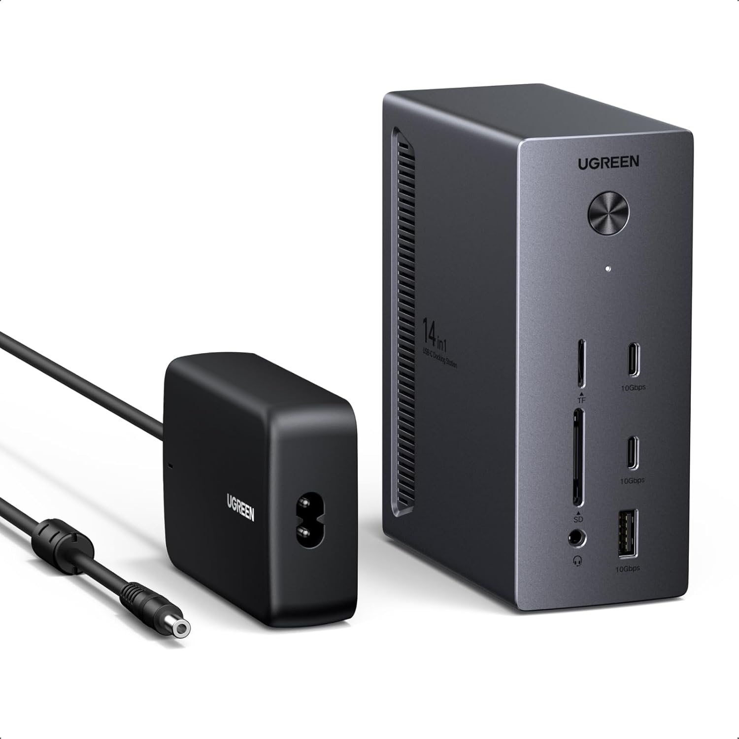 UGREEN 14 in 1 USB C Docking Station 3 Monitors Revodok Pro 314 with 8K DP/4K HDMI, 100W PD, 10Gbps USB Ports, Gigabit Ethernet, SD/TF 170MB/s, 3.5mm Audio, 90cm Cable.140W Power Adapter (HDMI & 2DP)