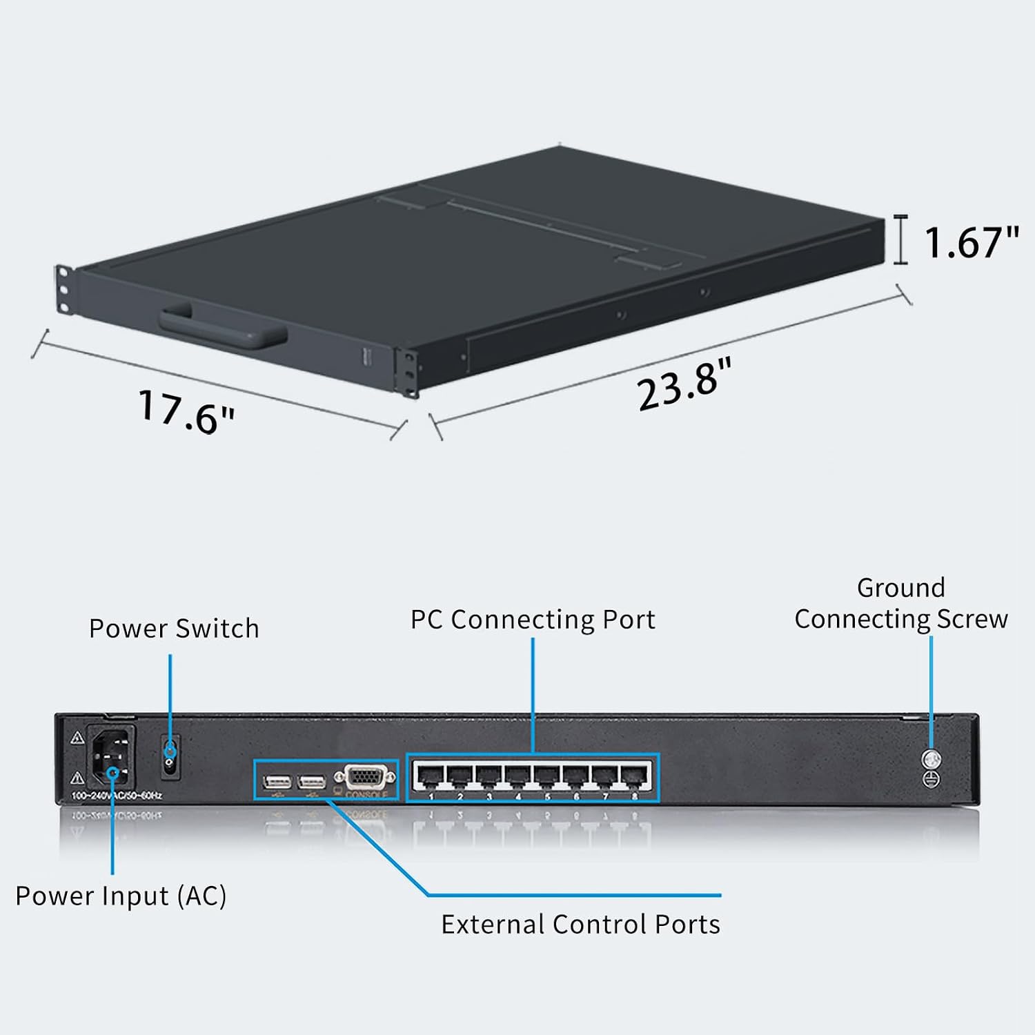 1U Rack Mount KVM Console w/8 Port Cat5 KVM Switch +8 VGA to RJ45 Dongles, 19' Rackmount Monitor and Keyboard, OSD/Hotkey/Button Switching,1280×1024@60Hz,Support Windows, Linux, Mac and Sun