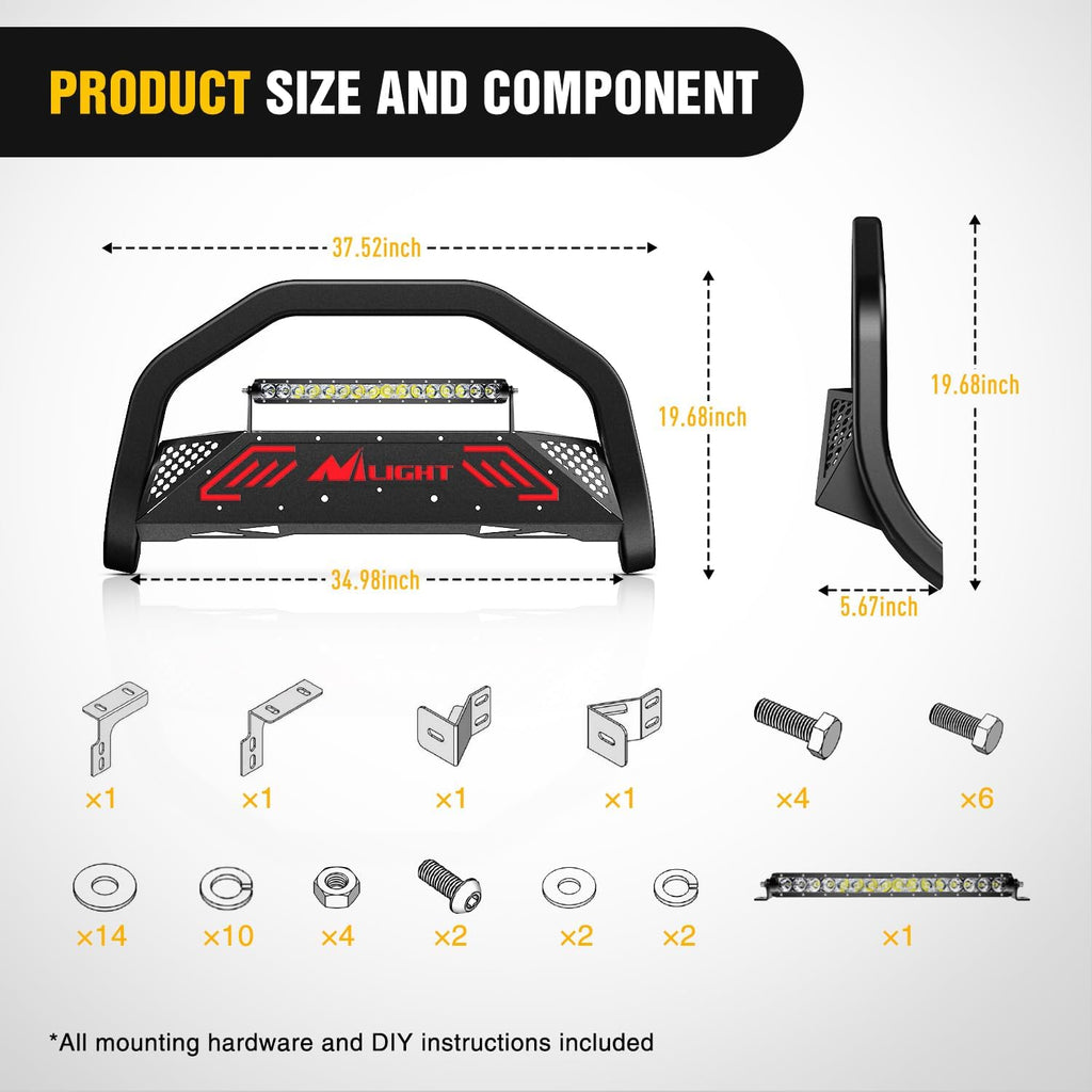 Nilight Bull Bar&License Plate Hole with LED Light Bar Compatible with Ford Ranger 2019 2020 2021 2022 2023 2024 2025 2026 Truck Brush Guard, Front Bumper Push Bar w/Grille Skid Plate Light Mount