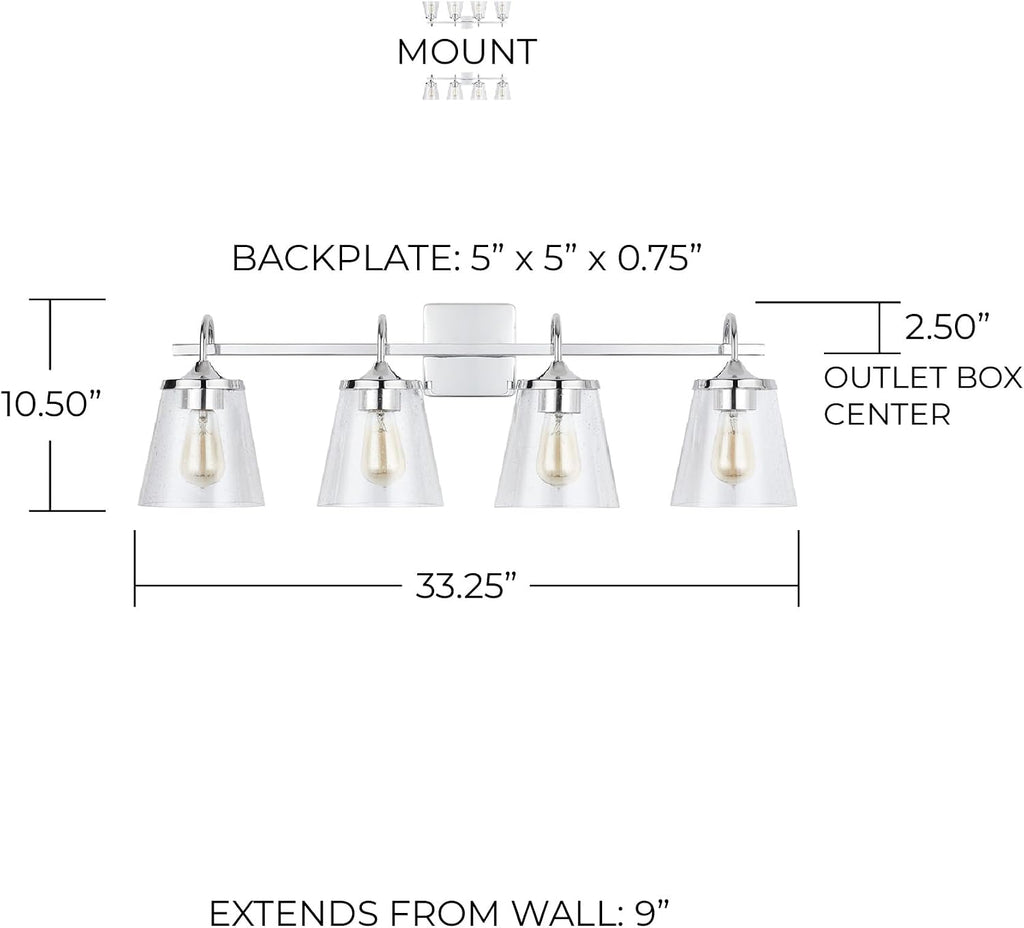 Capital Lighting 139142CH-496 Jayne Clear Seeded Glass Cone Bath Vanity Wall Mount, 4-Light 400 Total Watts, 11' H x 33' W, Chrome