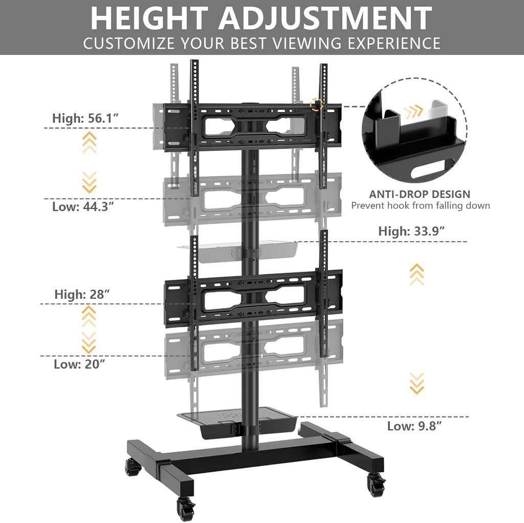 TVON Mobile Dual TV Stand for Four 32-65 Inch Plasma LCD LED Smart Flat Panel Curved TV Monitor Screens, Rolling Cart with Wheels, Tilt TV Mount Floor Stand, Hold up to 132 lbs