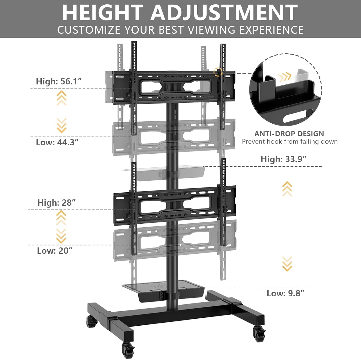 TVON Mobile Dual TV Stand for Four 32-65 Inch Plasma LCD LED Smart Flat Panel Curved TV Monitor Screens, Rolling Cart with Wheels, Tilt TV Mount Floor Stand, Hold up to 132 lbs