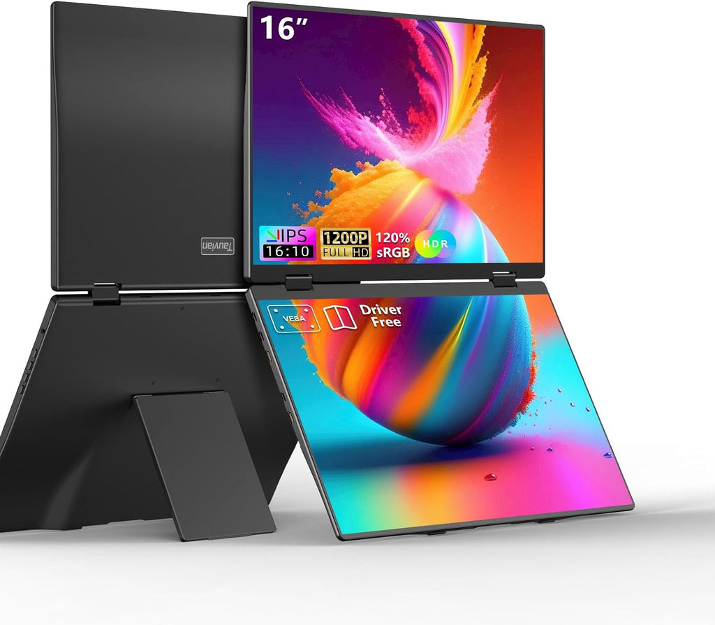 Dual Portable Monitors, 16'/1200P/FHD Foldable Laptop Screen Extender, All-Metal, Ultra Slim, Plug & Play, Extend/Mirror/Splicing/Flip Mode, USB-C/HDMI, Low Blue Light, Speakers, for Win/Mac