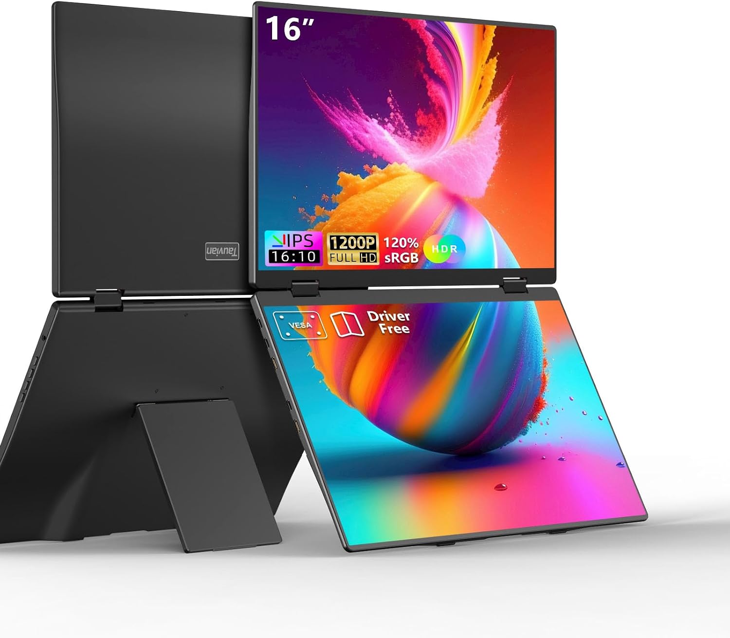 Dual Portable Monitors, 16'/1200P/FHD Foldable Laptop Screen Extender, All-Metal, Ultra Slim, Plug & Play, Extend/Mirror/Splicing/Flip Mode, USB-C/HDMI, Low Blue Light, Speakers, for Win/Mac