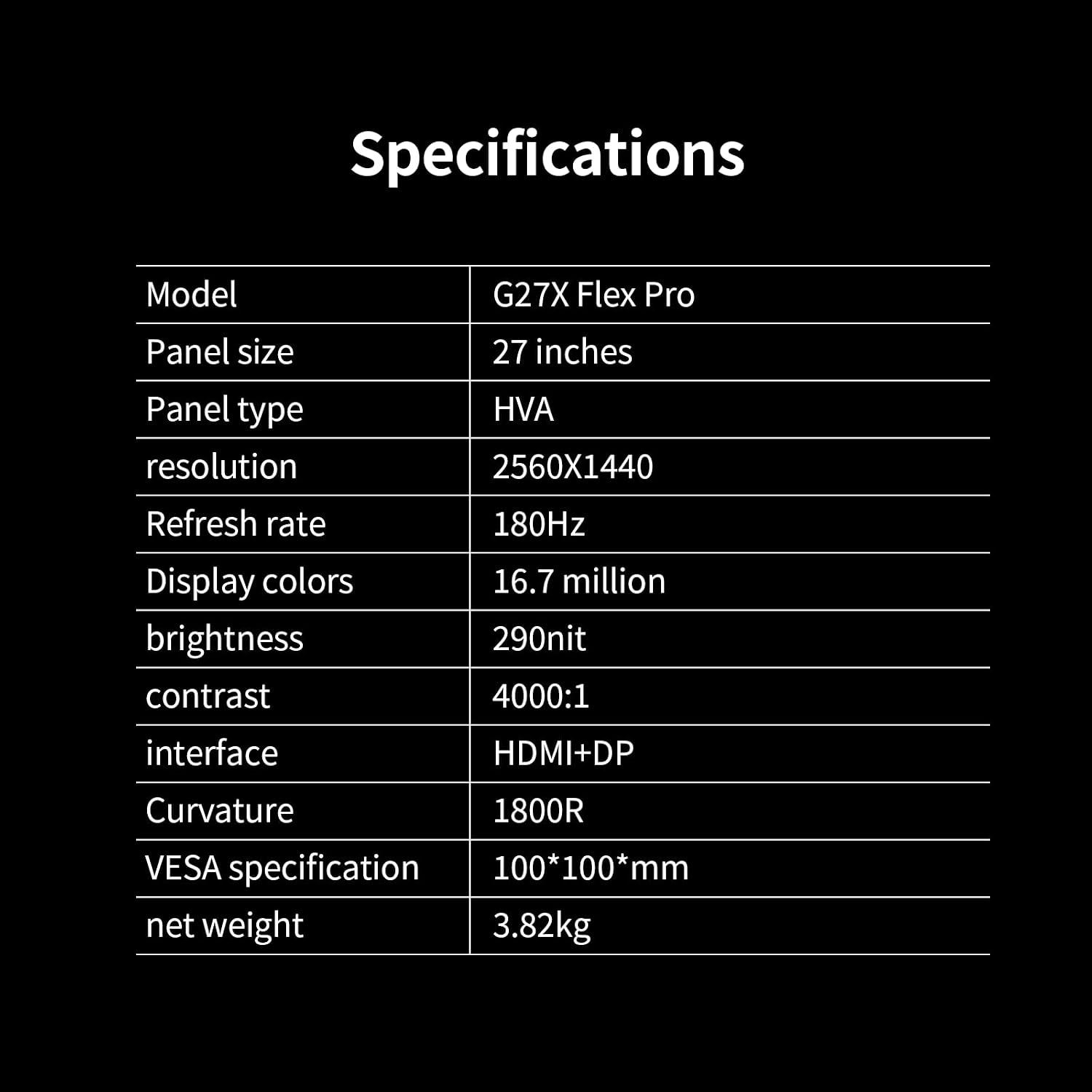 27 Inch Curved Gaming Computer Monitor 2K QHD(2560x1440) 180Hz Monitor,1ms 1800R Display, FreeSync, 4000:1 Contrast Ratio,100% sRGB, HDMI 2.0 & DisplayPort 1.4 VESA Mount（G27X Flex Pro）