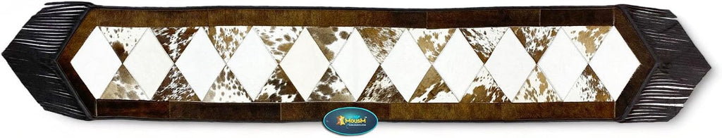 Leather Cow Hide Table Runner 12 x 72 inches Long Decorated with Brown and White Laser Cut Diamond Shape Patch in Between - Black Fringe at Both Corners