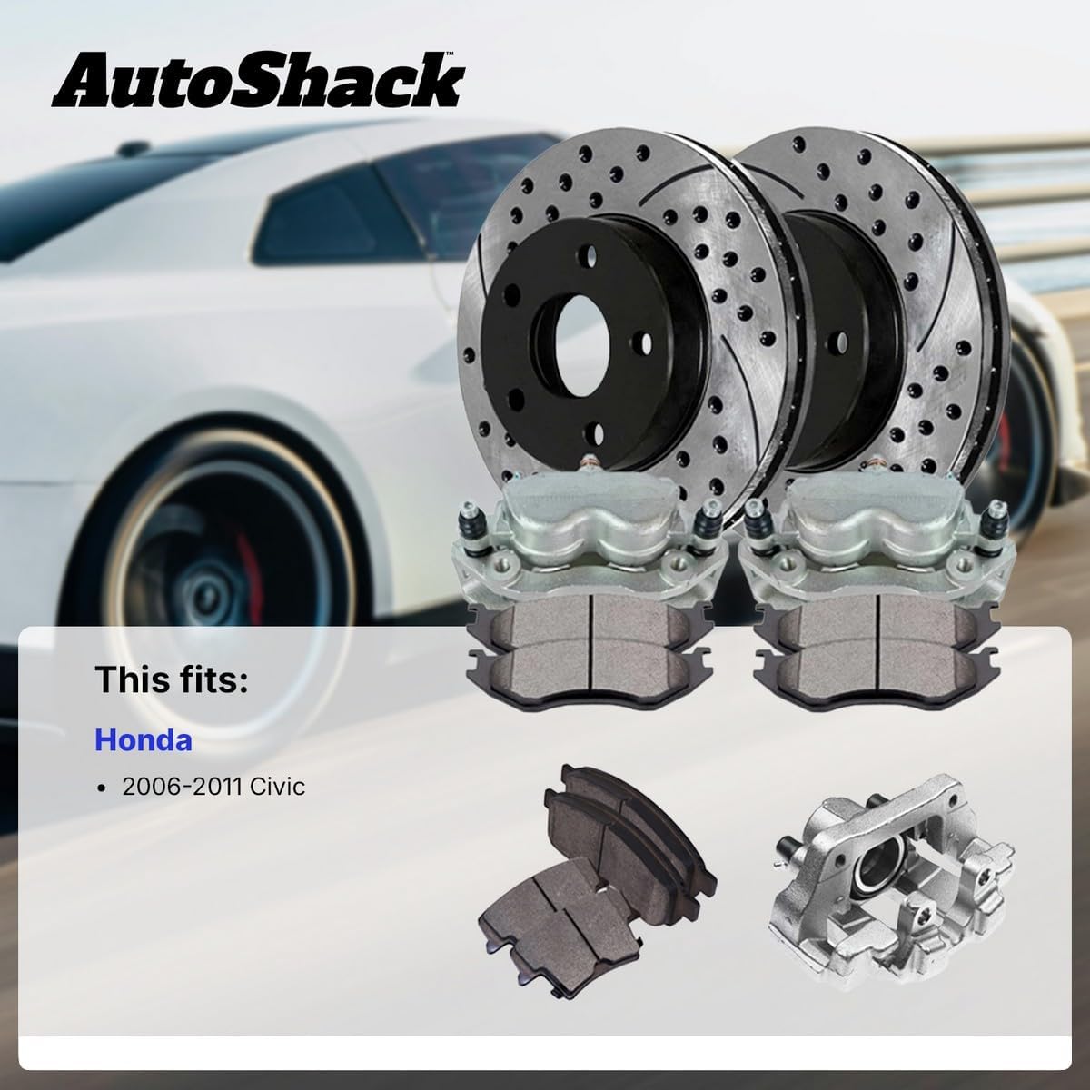 AutoShack Front Brake Rotors, Ceramic Pads & Calipers for Honda, Civic 2006-2011, FWD L4 1.8L - E-Coated Drilled & Slotted - ShadowGuard - 10.31' (261.9 mm), 5-Lug