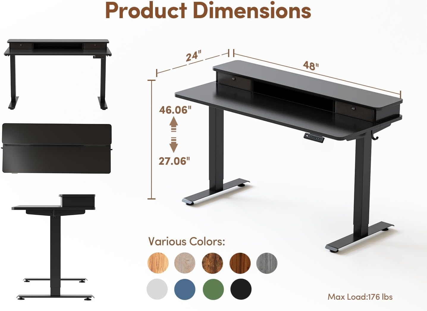 BANTI 48x24 Inch Electric Standing Desk with Dual Drawers, Height Adjustable Stand Up Table, Sit Stand Home Office Desk with Storage Shelf, Black Frame/Black Top