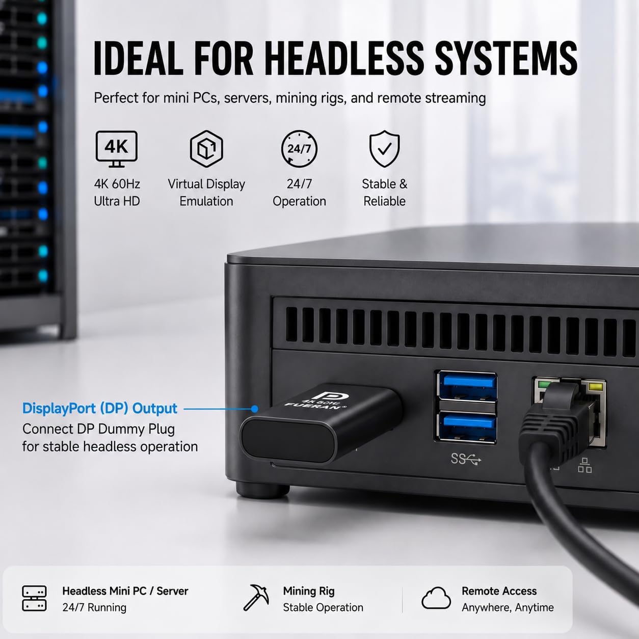 DP-4K60HZ DisplayPort Headless Ghost Display Emulator for PC DP displayport Dummy Plug-fit Headless 1080@120Hz-3840x2160@60hz FHD-Display Port Dummy Plug (DP-4K-60Hz-6P)
