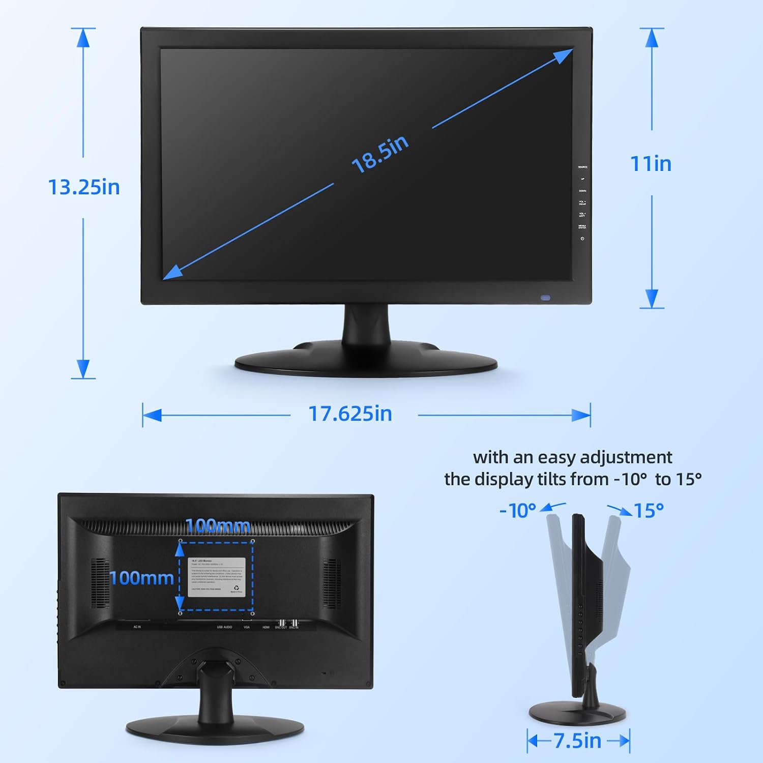 SVD 18.5 Inch Security Monitor – Supports 4K Input, 1366x768 HD LED Display, Ultra Thin CCTV Monitor with HDMI/VGA/BNC/USB, Professional Surveillance Screen for DVR, Home, Office