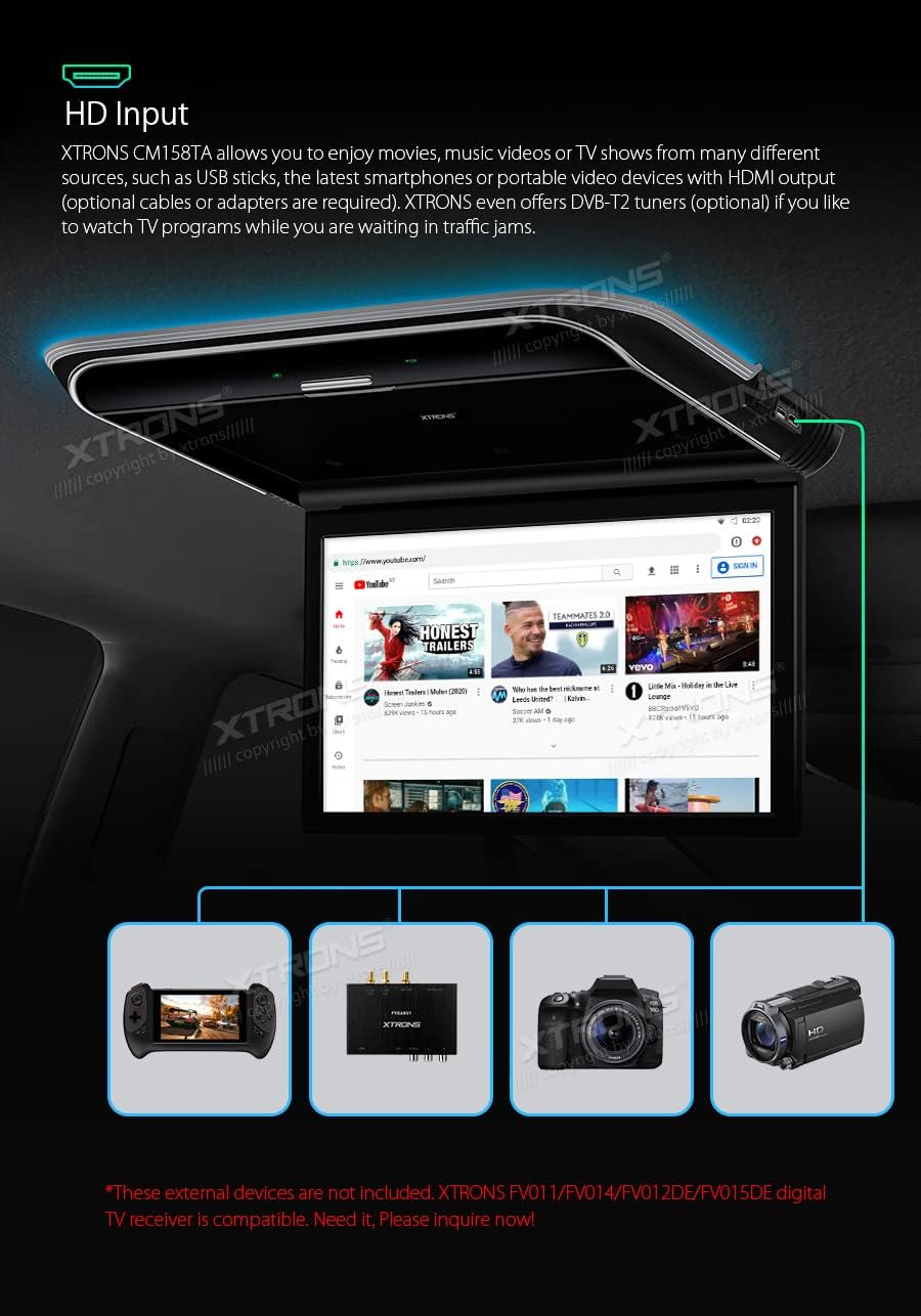 XTRONS Android Car Overhead Player 15.6' Wide IPS Touch Screen 8K Video Car Roof Mount Monitor with Built-in Stereo Speakers Flip Down Overhead Car Monitor Support Bluetooth, WiFi, HDMI, USB, IR