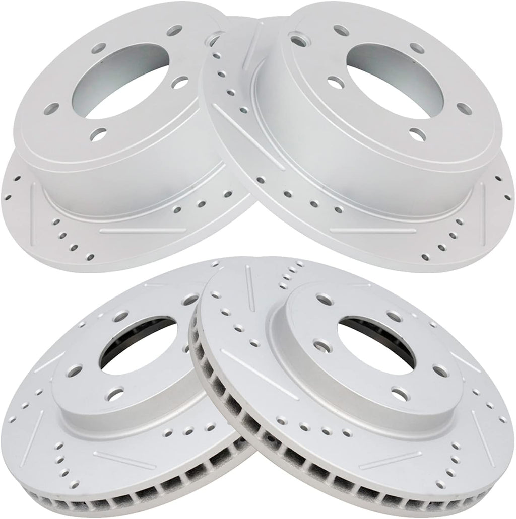 TRQ Performance Front Rear Brake Rotor Set Drilled Slotted G Coated Compatible with 2007 Dodge Caliber 2008-2017 Mitsubishi Lancer