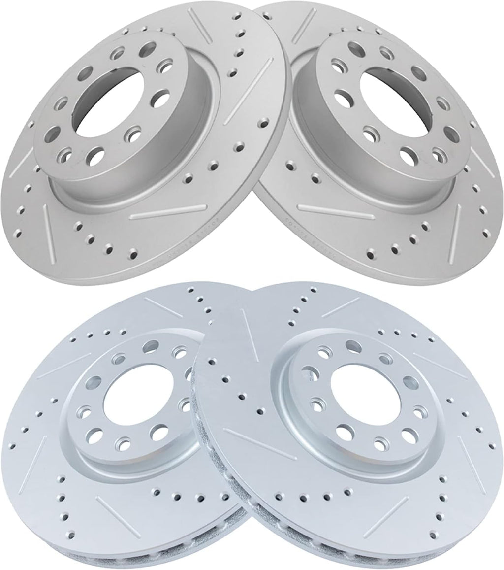 TRQ Performance Front and Rear Brake Rotor Set G Coated Drilled and Slotted Compatible with 2016-2023 Fiat 500X 2017-2022 Jeep Compass 2015-2023 Renegade