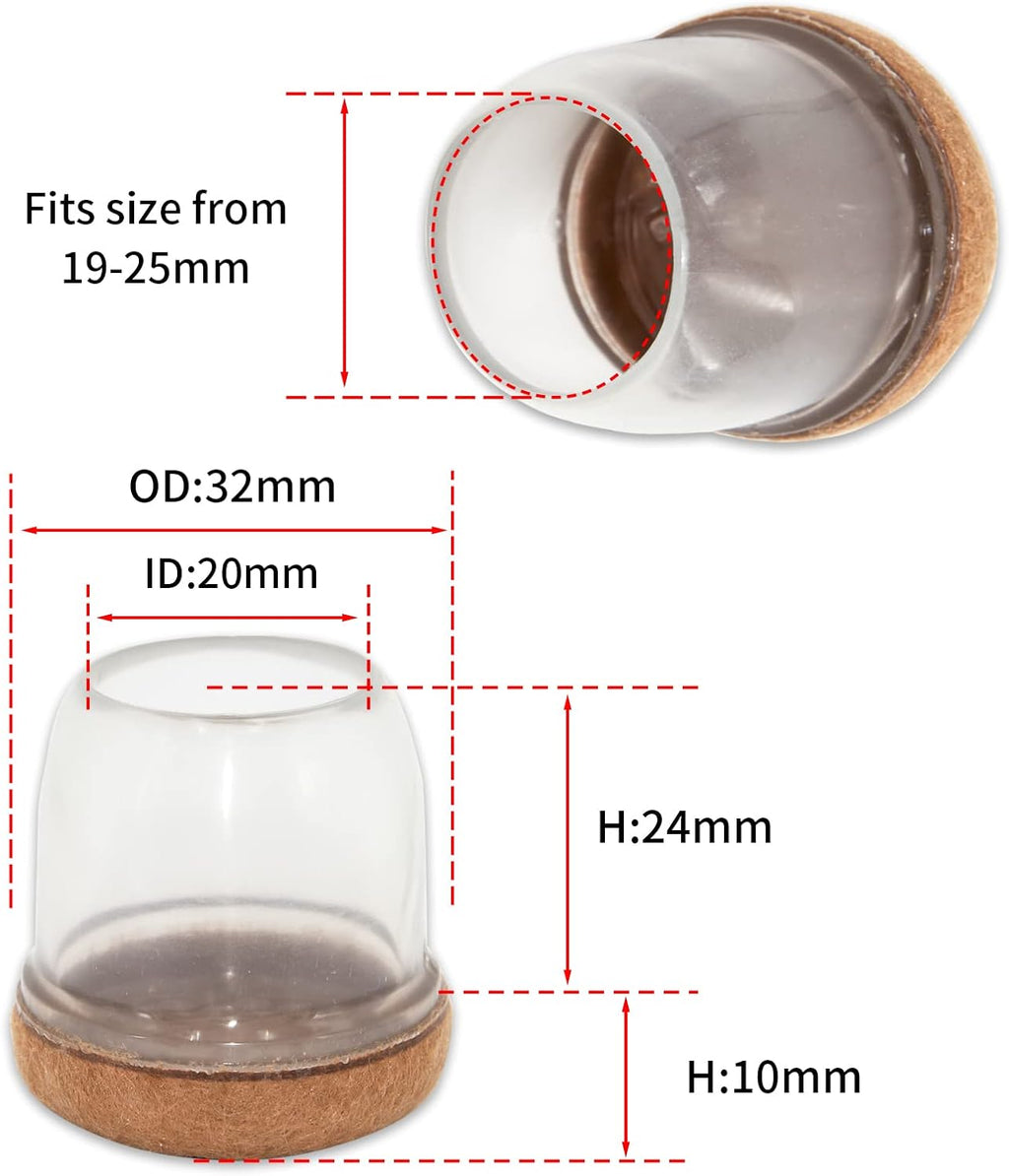 Flyshop 48PCS Durable Silicone Round Medium Chair Leg Cap with Felt Pads Furniture Floor Protectors, Reduce Noise, 19 to 25 mm (3/4' to 1'), Transparent