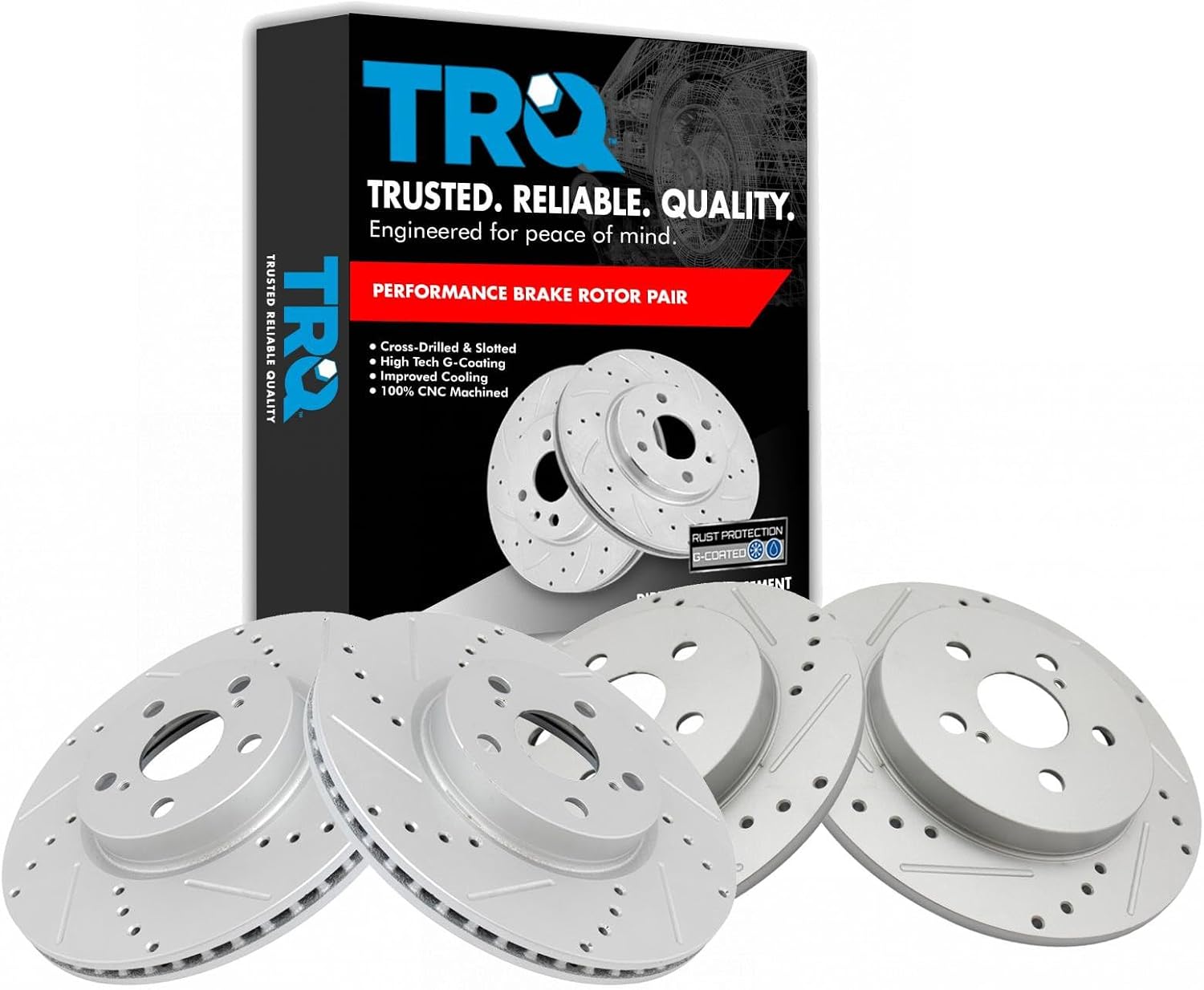 TRQ Performance Front and Rear Brake Rotor Set G Coated Drilled and Slotted Compatible with 2009-2010 Pontiac Vibe 2009-2019 Toyota Corolla 2009-2013 Matrix