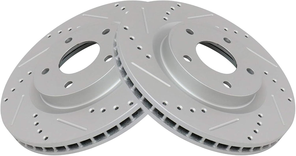 TRQ Performance Front and Rear Brake Rotor Set G Coated Drilled and Slotted Vented Compatible with 2008-2013 Nissan Rogue 2014-2015 Rogue Select