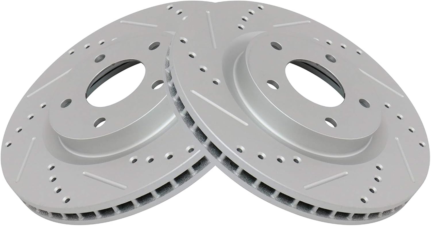 TRQ Performance Front and Rear Brake Rotor Set G Coated Drilled and Slotted Vented Compatible with 2008-2013 Nissan Rogue 2014-2015 Rogue Select