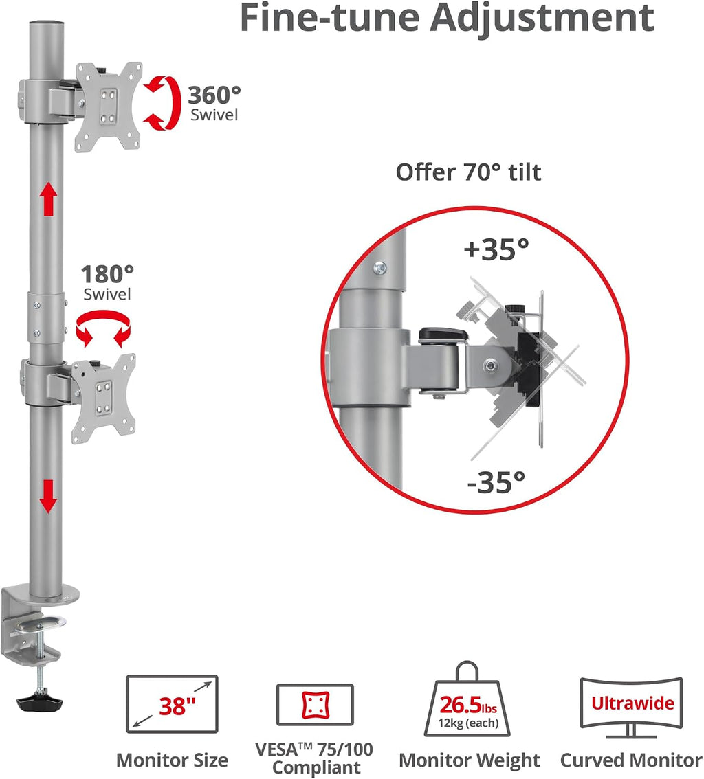 SIIG Dual Vertical Monitor Stand- Gray, Fits 13-38' Screens- Up to 26.5 lbs- 31.5' Height Adjustable Pole- Quick-Release VESA- Cable Management -C-clamp/Grommet -VESA Plate 75/100 (CE-MT5H11-S1)