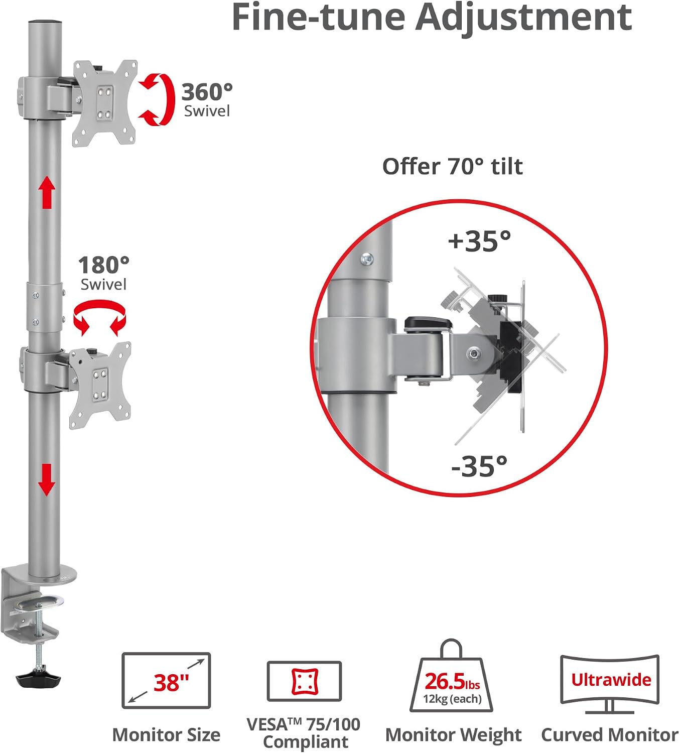 SIIG Dual Vertical Monitor Stand- Gray, Fits 13-38' Screens- Up to 26.5 lbs- 31.5' Height Adjustable Pole- Quick-Release VESA- Cable Management -C-clamp/Grommet -VESA Plate 75/100 (CE-MT5H11-S1)