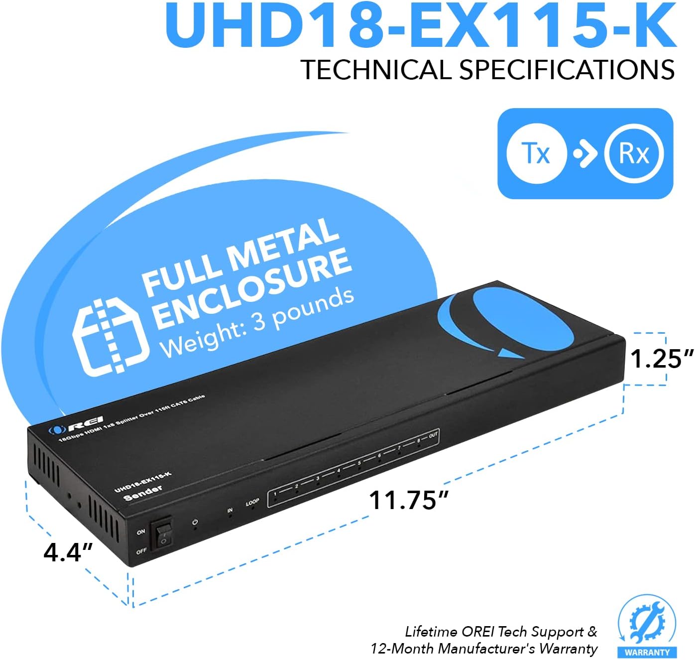 OREI 1x8 HDMI Extender Splitter 4K, Multiple Over Single Cable CAT6/7 4K@60Hz 4:4:4 HDCP 2.2 with IR Remote EDID Management - Up to 115 Ft - Loop Out - Low Latency - Full Support