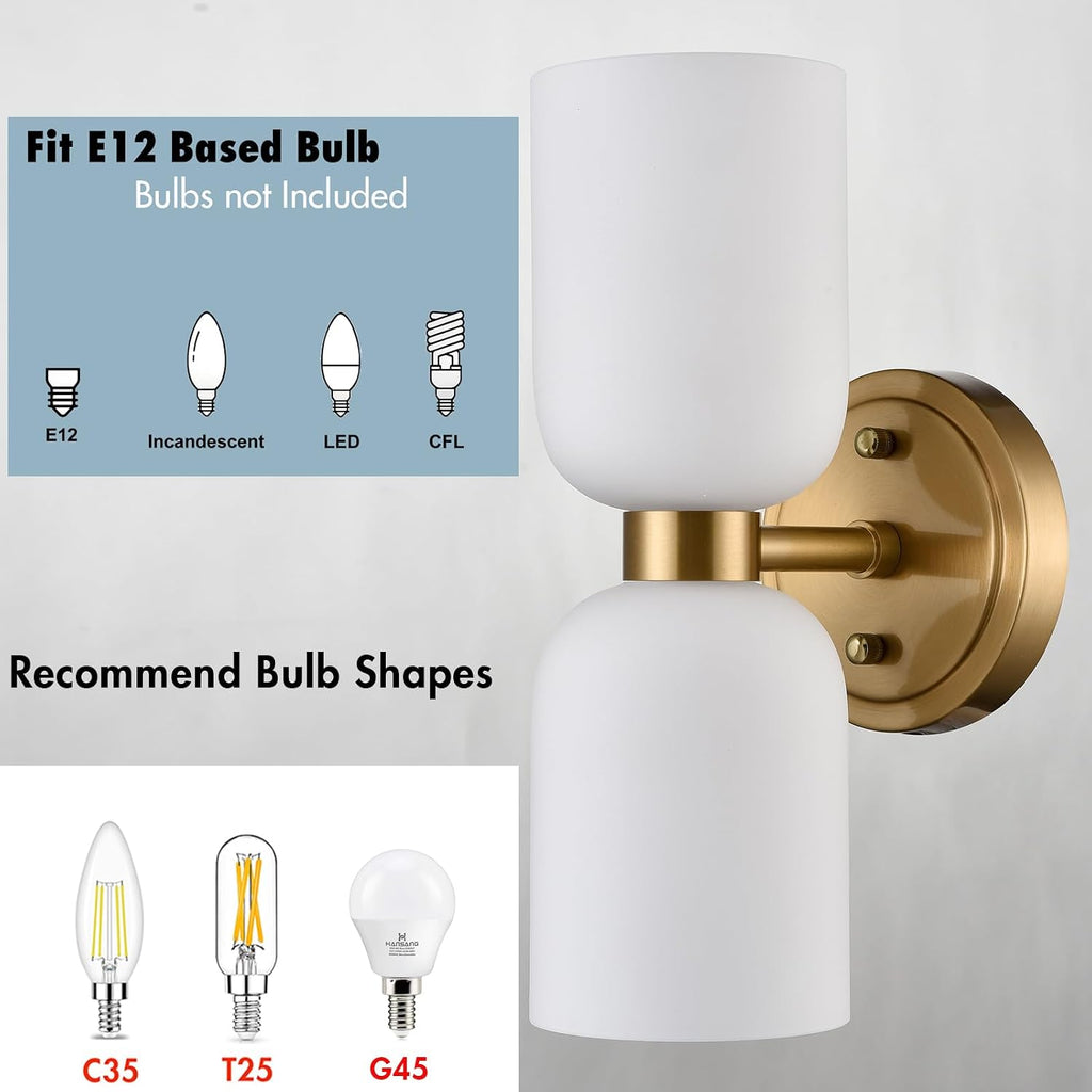 CLAXY Gold Wall Sconces 2-Light Modern Bath Vanity Light Milk White Glass | Se of 2, Dual Cyliner Opal Glass Shades, Dimmable Hardwired Wall Lights Over Mirror Bedroom Stairway Living Room Corridor