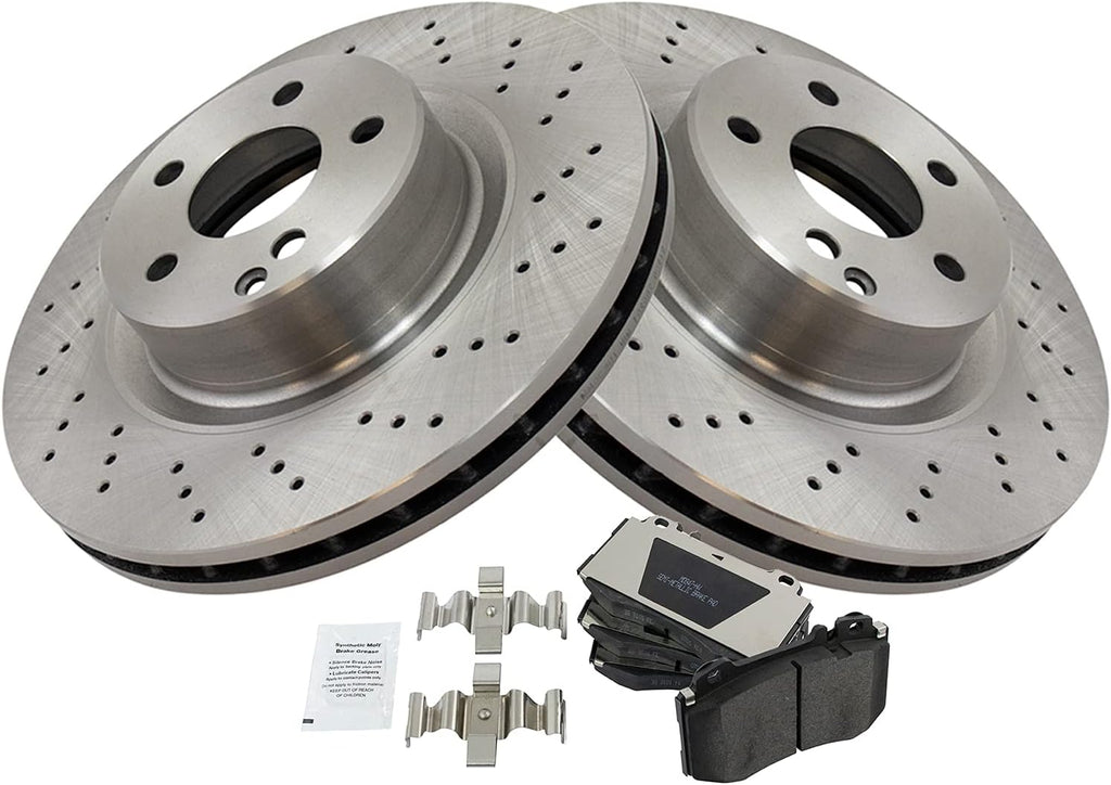 TRQ Front Brake Pad and Rotor Set Semi Metallic Vented Rotors Compatible with 2000-2002 Mercedes-Benz CL500 2000-2003 S430 S500