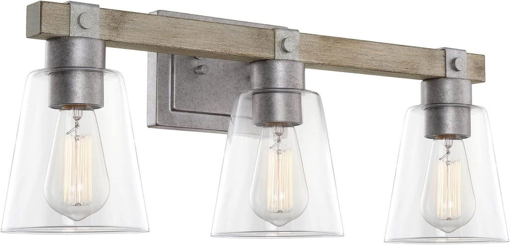 Kira Home Asher 23' 3-Light Farmhouse Vanity Light with Clear Tapered Shades, Hand-Painted Wood Grain Metal Bathroom Light, Bleached Oak Wood and Galvanized Steel Finish