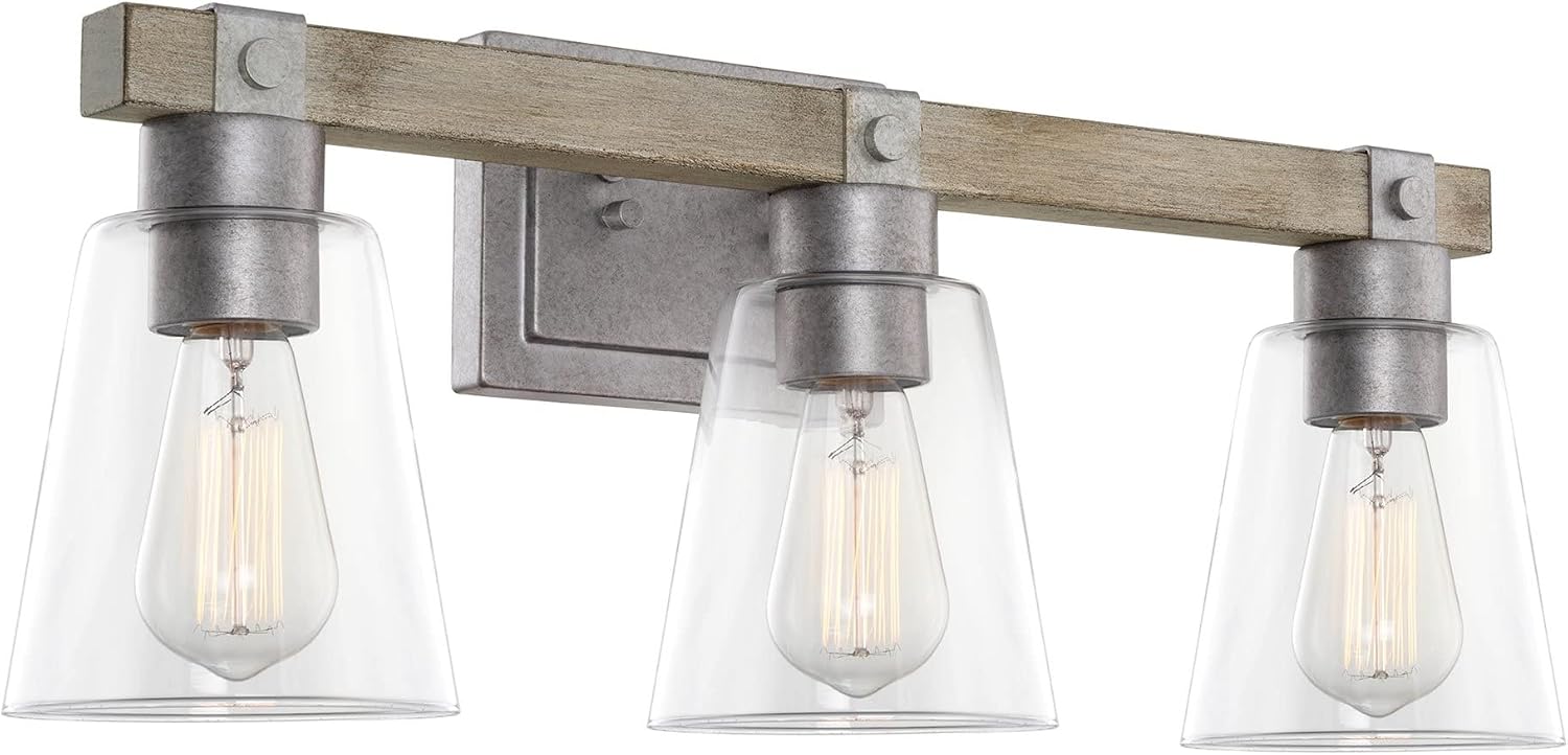 Kira Home Asher 23' 3-Light Farmhouse Vanity Light with Clear Tapered Shades, Hand-Painted Wood Grain Metal Bathroom Light, Bleached Oak Wood and Galvanized Steel Finish