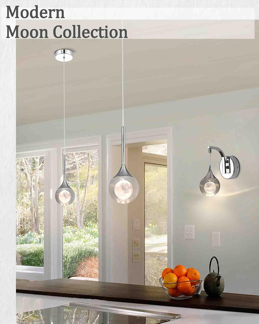 2 Pack Modern Crystal Moon Pendant Lights, Dimmable Natural White (3000K) LED Hanging Light Fixture for Kitchen Island Dining Room Bar Bedroom, Chrome Finish
