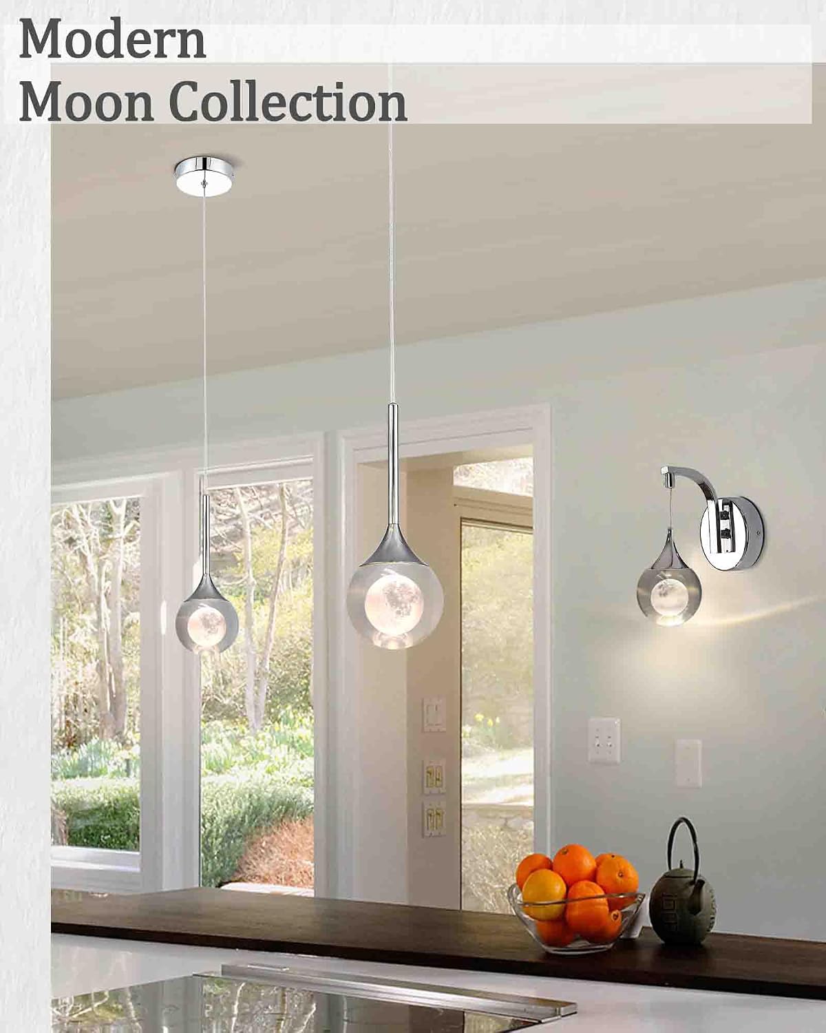 2 Pack Modern Crystal Moon Pendant Lights, Dimmable Natural White (3000K) LED Hanging Light Fixture for Kitchen Island Dining Room Bar Bedroom, Chrome Finish