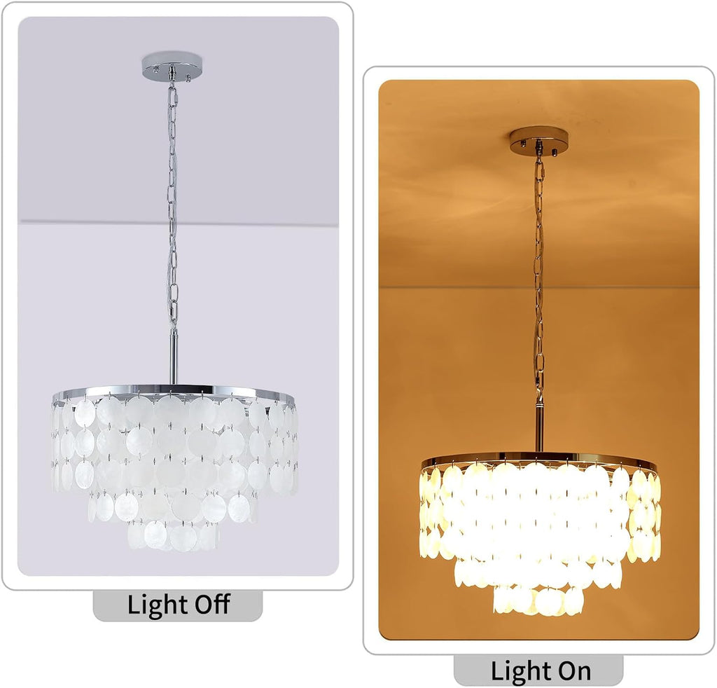 17.72' Capiz Shell Chandelier, 5 Light Chrome Dining Room Light Fixture, Modern Natural Coastal Seashell Chandeliers for Living Room Bedroom Foyer Bathroom (White Seashell Lighting Fixtures)