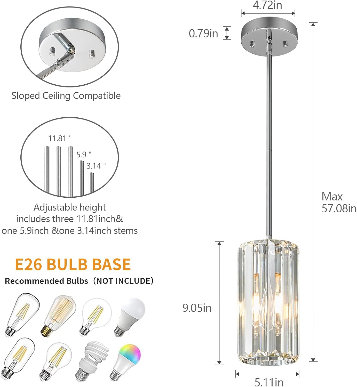 Chrome Pendant Lighting Modern Pendant Light Mini Crystal Chandeliers Adjustable Pendant Light Fixture for Kitchen Island Dinning Room Corridor Bedroom(Chorme 2-Pack)