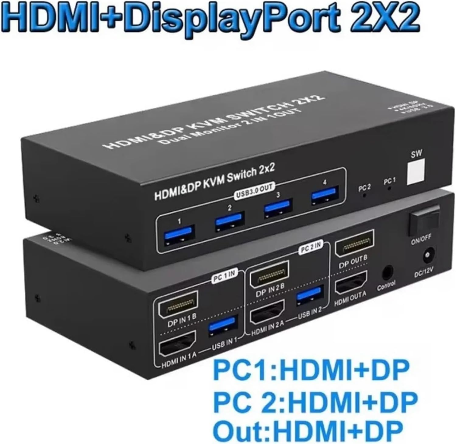USB 3.0 KVM Switcher Extended Display Dual Monitor HDMI KVM Switch 2x2 4K 60Hz HDMI Displayport for 2 PC Share Mouse Keyboard(HDMI DP 2X2,AU Power Supply)