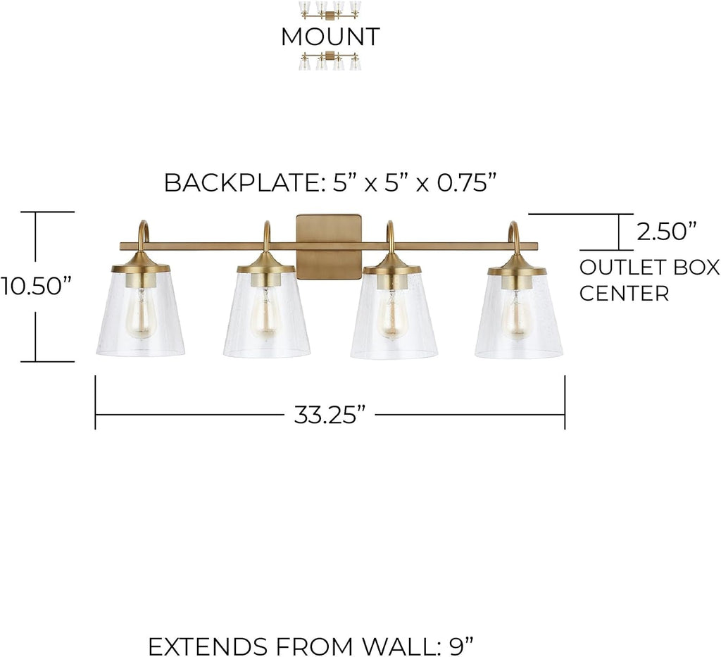 Capital Lighting 139142AD-496 Jayne Unique Rectangular Clear Seeded Glass Bath Vanity Wall Mount, 4-Light 400 Total Watts, 11' H x 33' W, Aged Brass