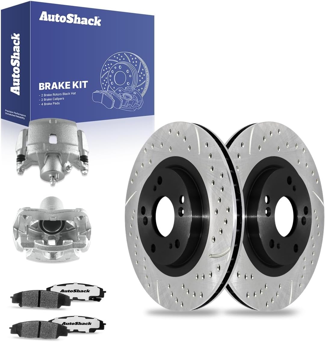 AutoShack Front Brake Rotors, Ceramic Pads & Calipers for Honda & Acura, Civic 2006-2011 RSX 2002-2006, FWD L4 2.0L - E-Coated Drilled & Slotted - ShadowGuard - 11.81' (300 mm), 5-Lug