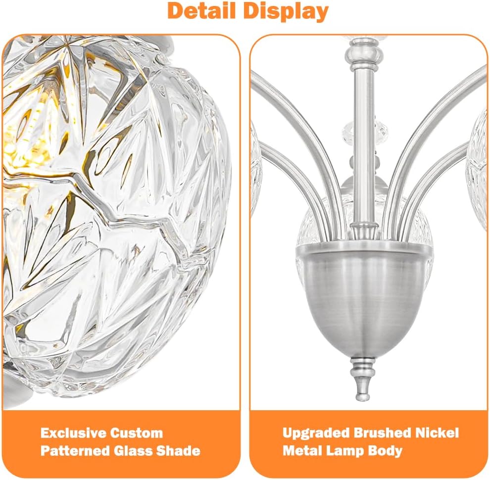 Vintage Brushed Nickel Chandelier - Adjustable Height Dining Room Light Fixture with Handcrafted Blown Glass - 5-Light G9 Base, Ideal for Kitchen, Entryway, Enhances Luxury Home Decor for Discerning