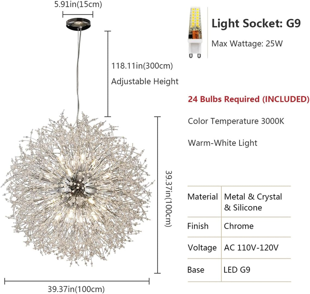 Modern Crystal Chandelier, 24-Light Firework Pendant Crystal Chandelier Chrome, 39.3' Large Dandelion Ceiling Light Fixture for Living Room Foyer Hallway