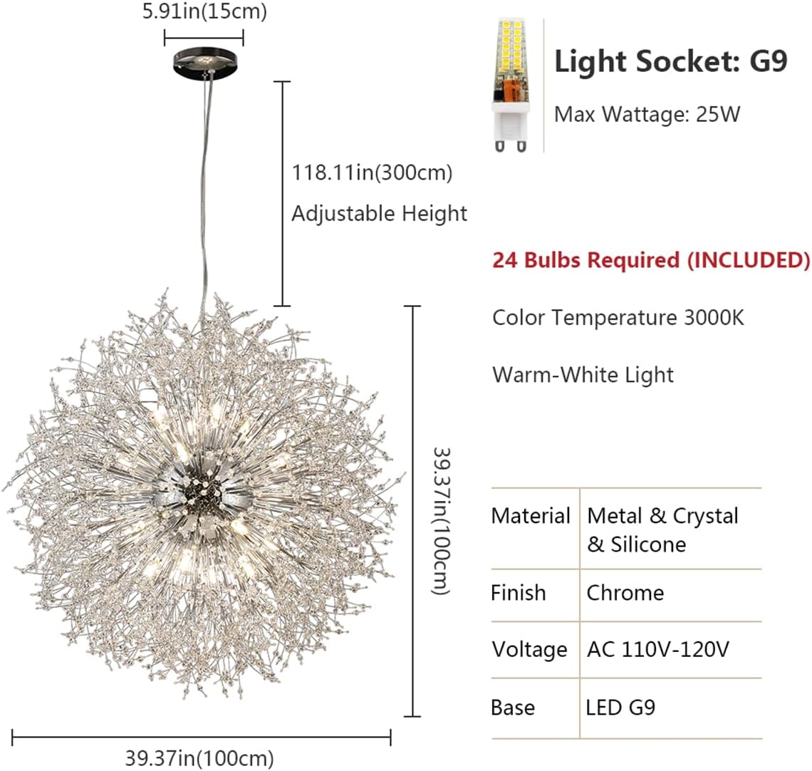 Modern Crystal Chandelier, 24-Light Firework Pendant Crystal Chandelier Chrome, 39.3' Large Dandelion Ceiling Light Fixture for Living Room Foyer Hallway