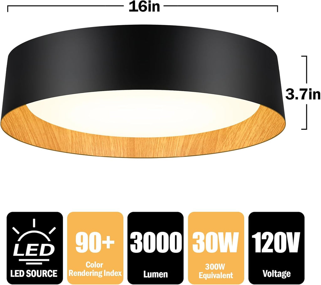 BrightHome 2-Pack 16in Flush Mount Ceiling Light, 3000LM 30W(300W Equiv), LED Ceiling Light Fixture 5CCT 2700K 3000K 4000K 5000K 6000K, Dimmable Ceiling Lamp for Bathroom Hallway, Black and Wood
