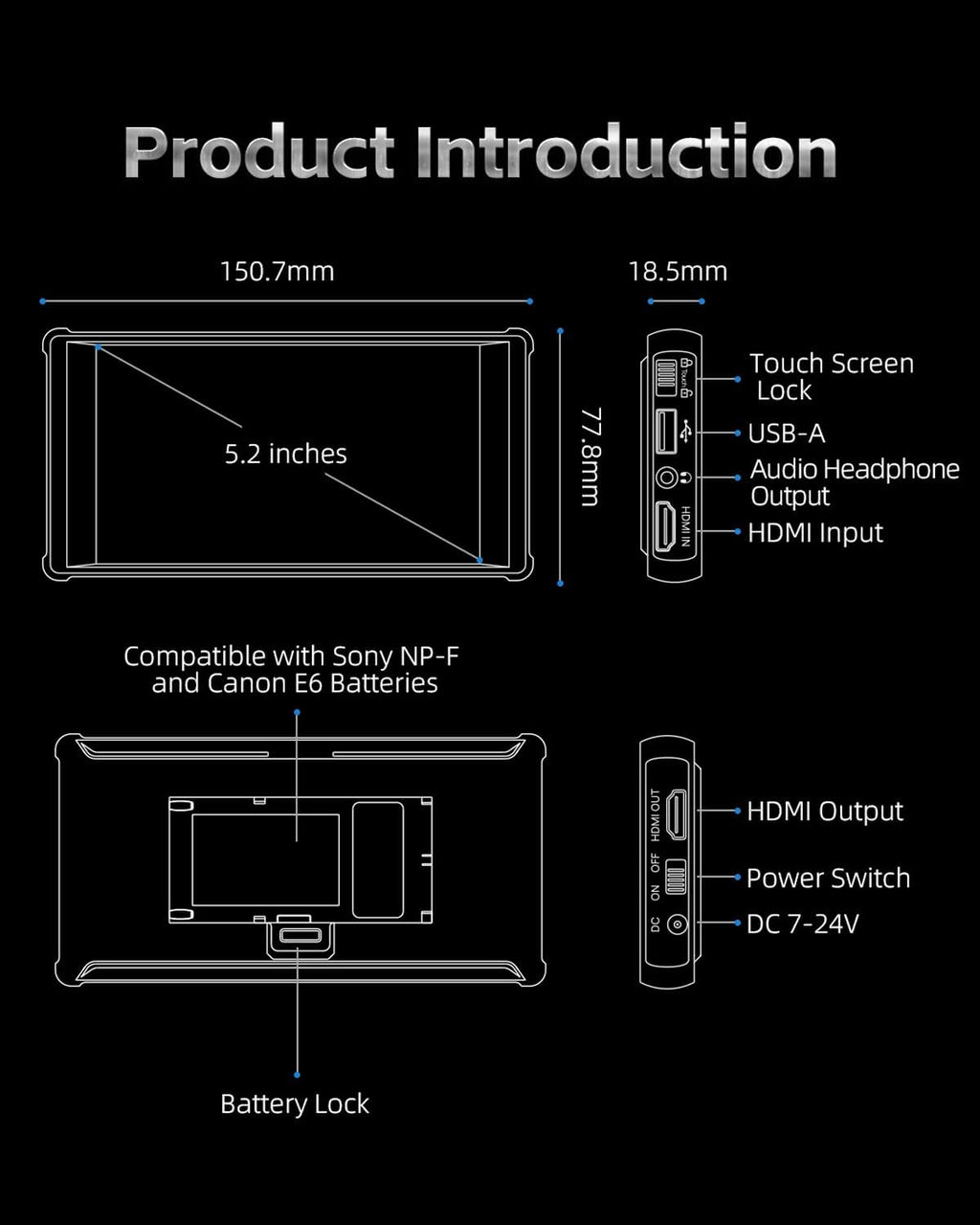 Portkeys PT6 Camera Monitor 5.2' 600nit Touchscreen Field Monitor Vertical Shooting Stretch 3D LUT Output Wide Color Gamut New Peaking RGB Waveform for DSLR with NP-F550 Battery