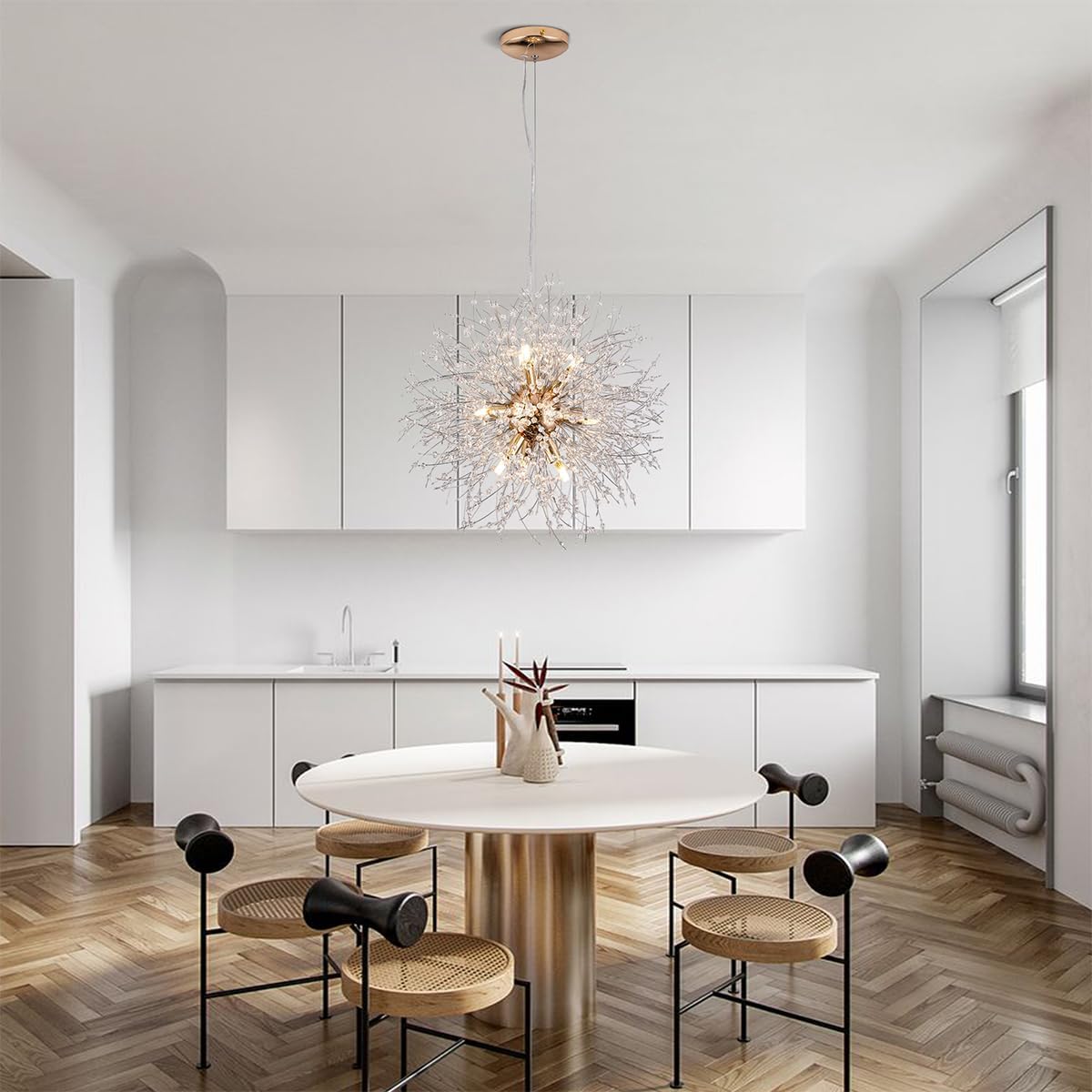 Firework Gold Crystal Chandelier, 9-Light Dandelion Chandelier Lighting for Dining Room, 19.6' Modern Sputnik Pendant Light for Bedroom Kitchen Island