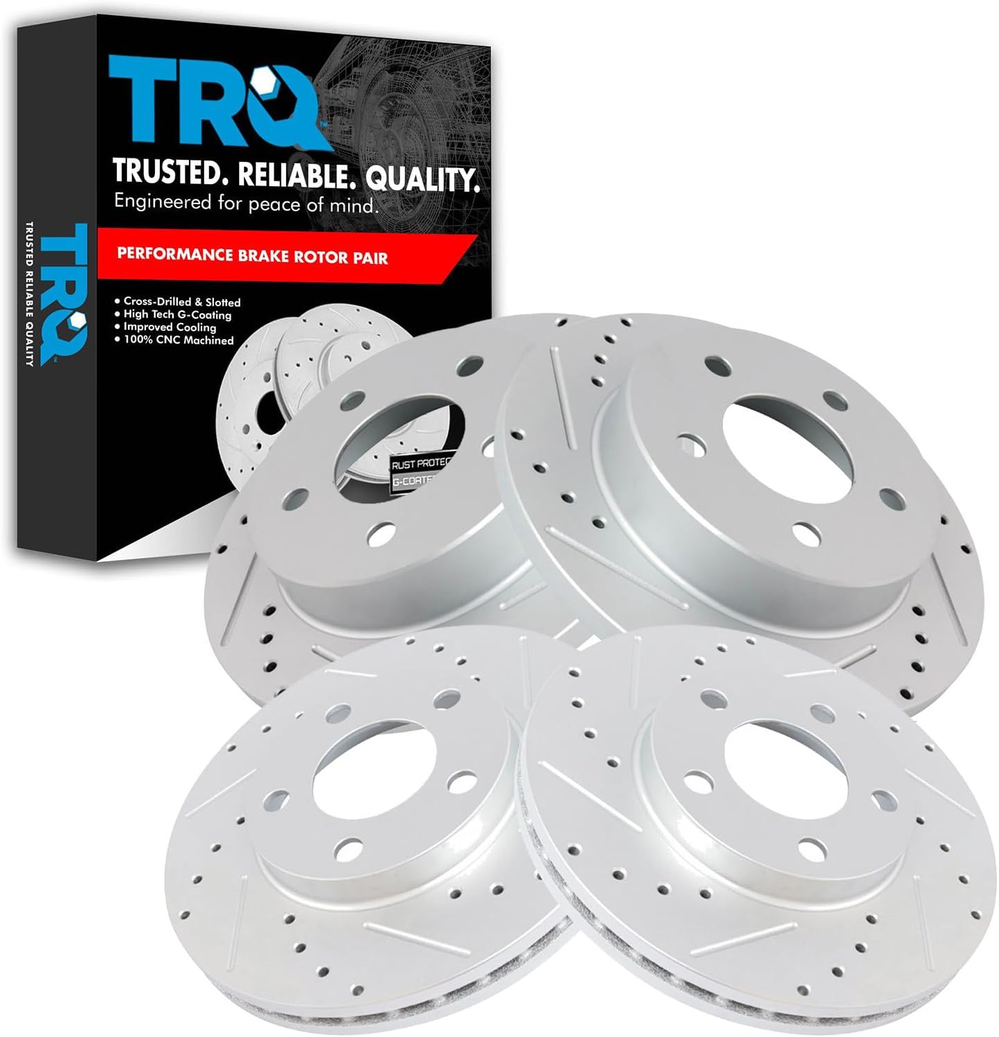 TRQ Performance Front and Rear Brake Rotor Set G Coated Drilled and Slotted Compatible with 1994-2004 Ford Mustang